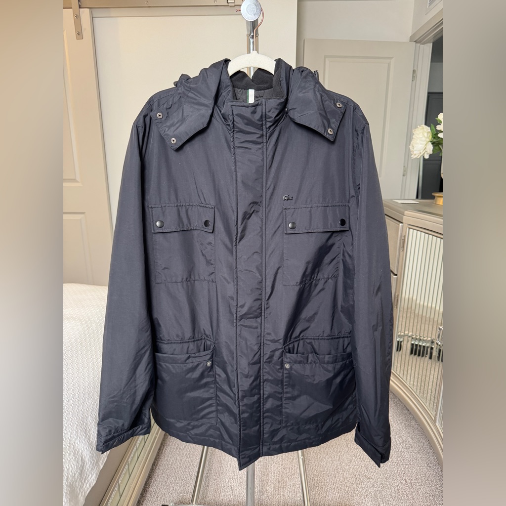 Lacoste Men's Black Coat Jacket With Removable Hood Size 54 Or Large